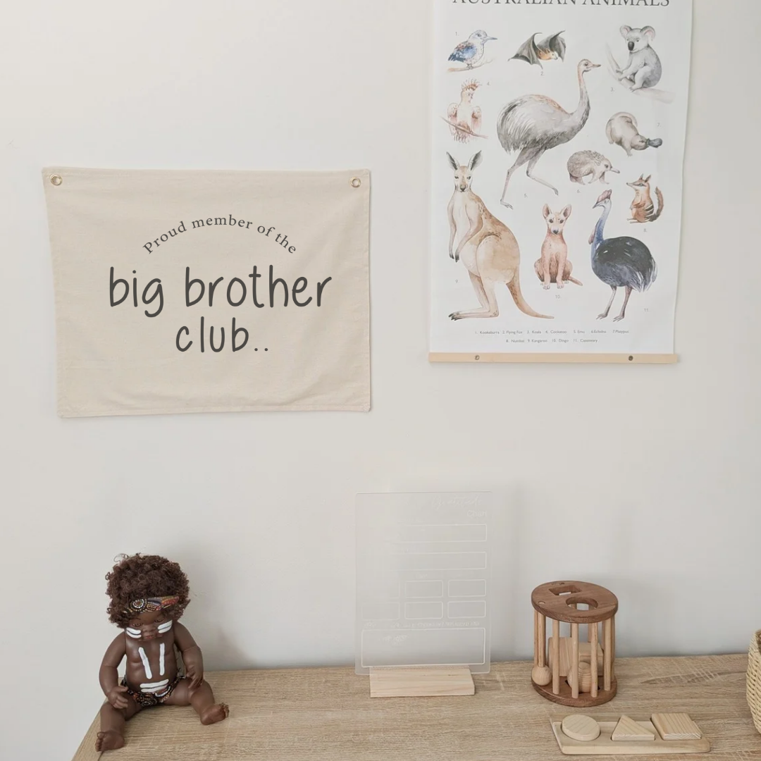 Proud member of the big brother club wall banner. Neutral cotton fabric . Wall banner for playroom or nursery.