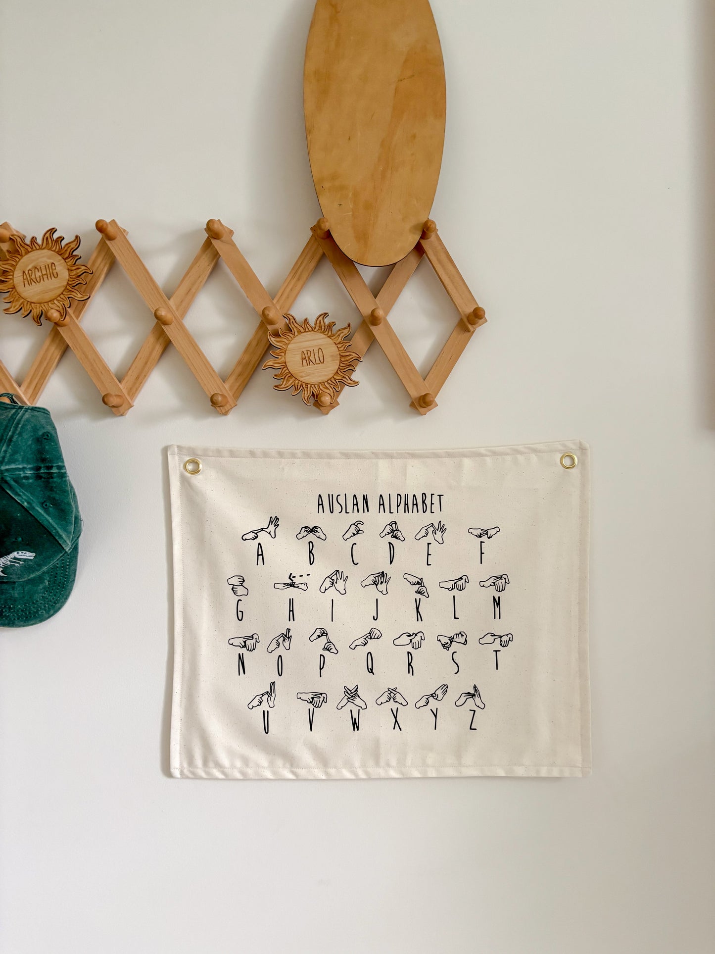 Auslan fingerspelling wall banner for classroom or playroom. Australian sign language. neutral banner colour with gold hanging grommets. classroom decor .