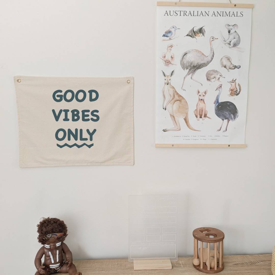 kids wall banner, good vibes Only, kids room decor. Made out of cotton fabric and gold look grommets. oat or beige colour. Hang on the wall in kids bedroom or playroom.