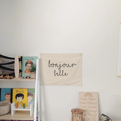 Bonjour Belle print design. Wall banner for nursery, bedroom or playroom. For kids . Oat colour banner with cotton fabric and gold grommets 