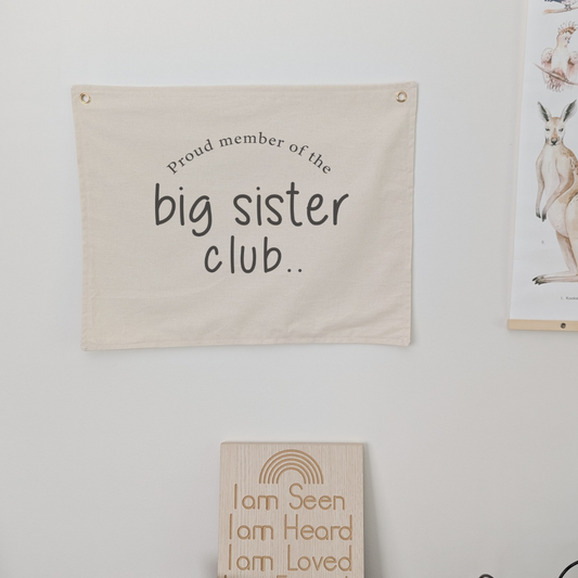 Proud member of the big sister club. Wall banner for nursery, bedroom or playroom. For kids . Oat colour banner with cotton fabric and gold grommets 