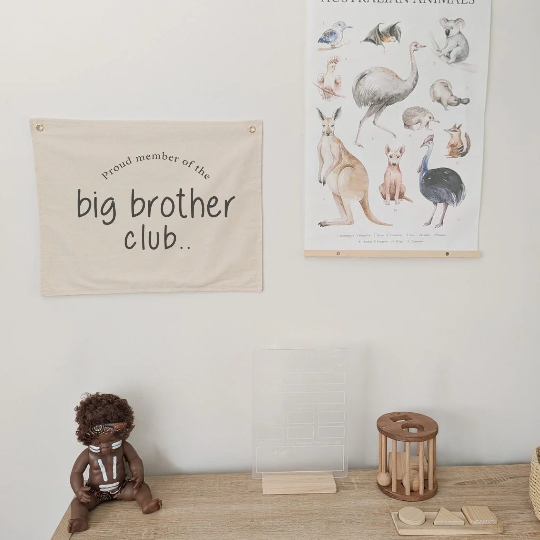 Proud member of the big brother club wall banner. Neutral cotton fabric . Wall banner for playroom or nursery. 