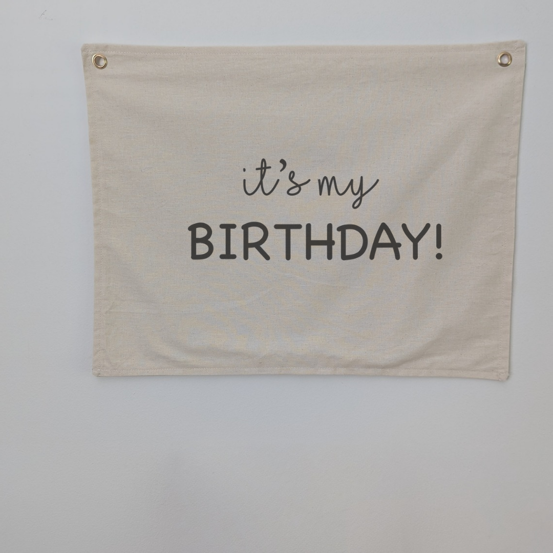 Its my birthday print design. Beautiful minimist birthday decoration. Neautral colour and cotton fabric. 