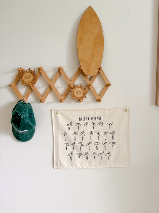 Auslan fingerspelling wall banner for classroom or playroom. Australian sign language. neautral banner colour with gold hanging grommets. classroom decor . 