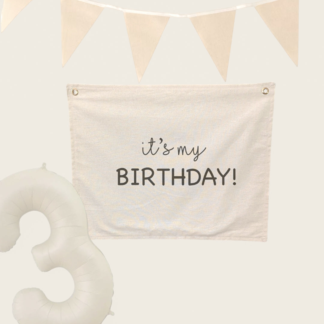 Its my birthday print design. Beautiful minimist birthday decoration. Neautral colour and cotton fabric. 