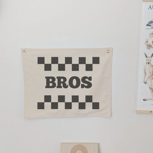 Bros with checkered print design. Wall banner for nursery, bedroom or playroom. For kids . Oat colour banner with cotton fabric and gold grommets 