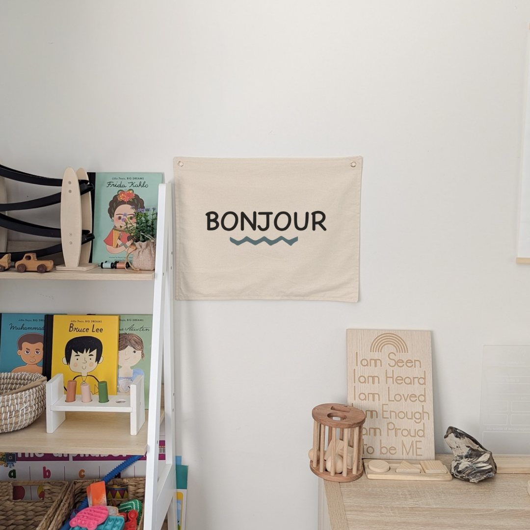 Bonjour wall banner . Oat colour cotton fabric . Wording says Bonjour. Bedroom decor . Wall art 